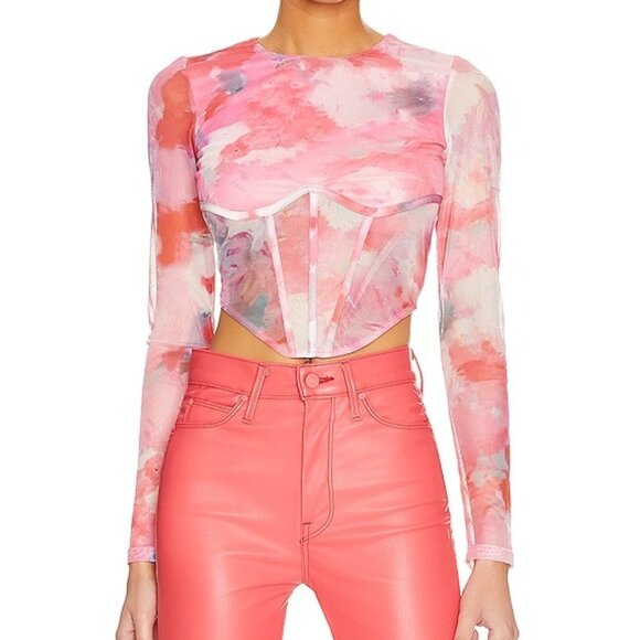 Bardot Tops - Bardot Pink Watercolor Mesh Corset Crop Top
